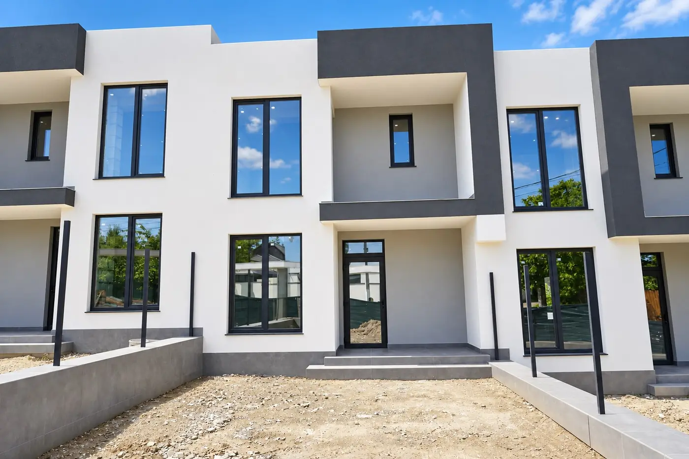 Townhouse pe Ion Creangă — Intrarea unei unități, cu terasa acoperită