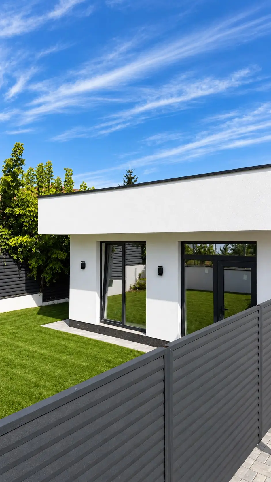 Duplex la Ialoveni — Colț de curte, pavaj și gard