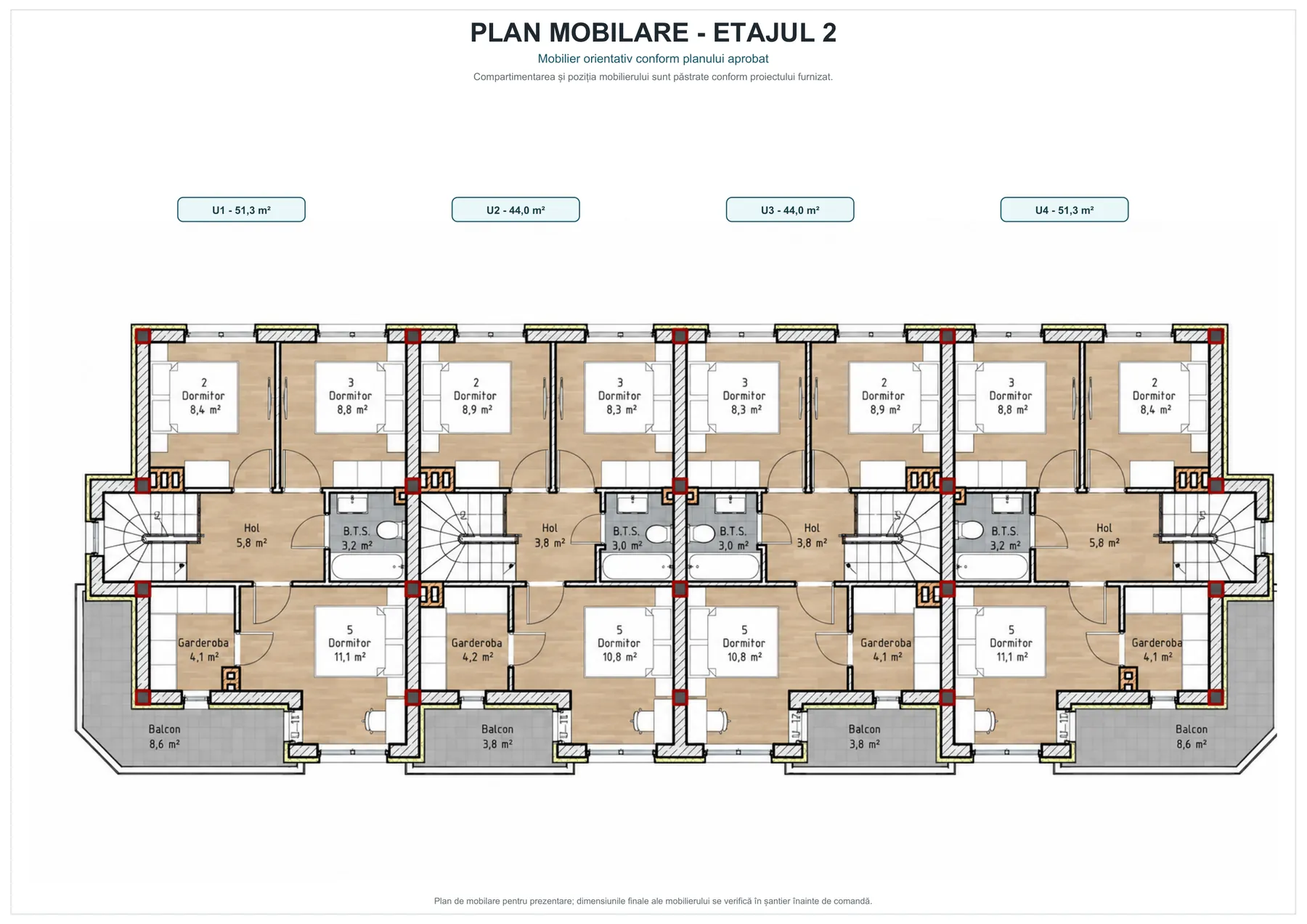 Plan etaj: trei dormitoare, garderobă, baie și balcon
