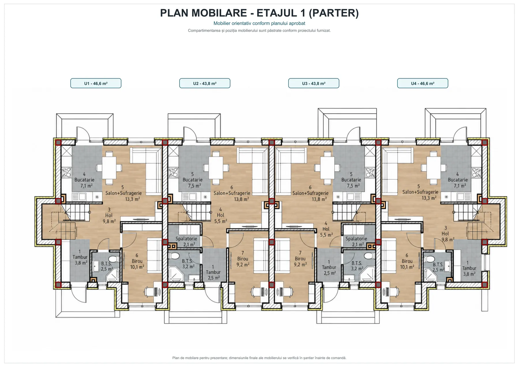 Plan parter: bucătărie, salon cu sufragerie, birou, hol, baie și tambur